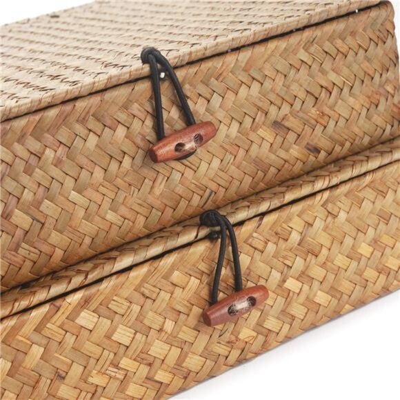 Seagrass Storage Basket Box with Lid Rectangular Woven Shelf Baskets Bins for - Picture 3 of 7